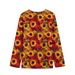 Red Autumn Sunflower Pattern Print Long Sleeve Short Coat