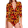 Red Autumn Sunflower Pattern Print Long Sleeve Swimsuit