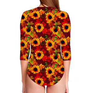 Red Autumn Sunflower Pattern Print Long Sleeve Swimsuit