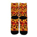 Red Autumn Sunflower Pattern Print Long Socks