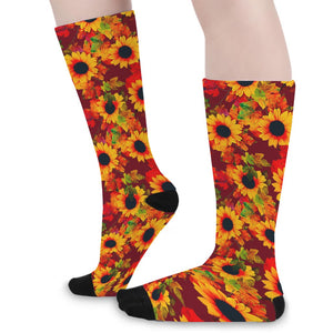 Red Autumn Sunflower Pattern Print Long Socks