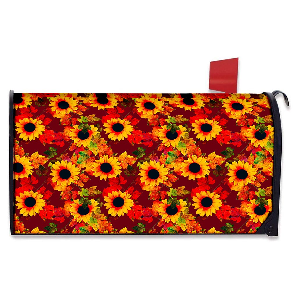 Red Autumn Sunflower Pattern Print Mailbox Cover