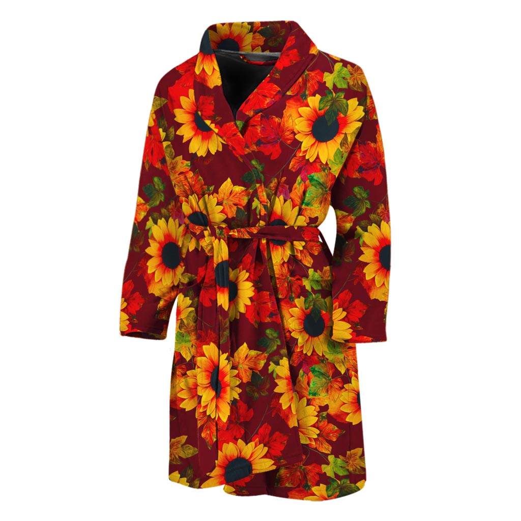 Red Autumn Sunflower Pattern Print Men's Bathrobe