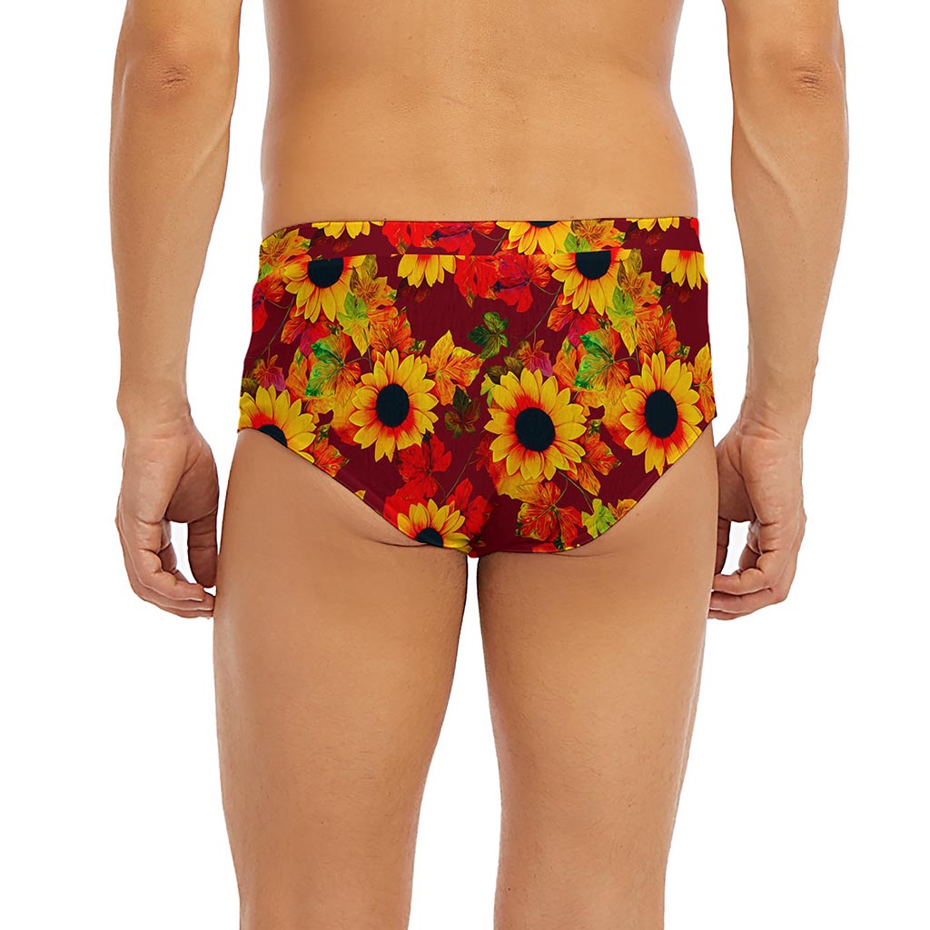 Red Autumn Sunflower Pattern Print Men's Briefs