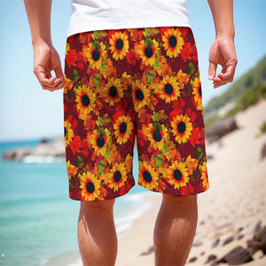 Red Autumn Sunflower Pattern Print Men's Cargo Shorts