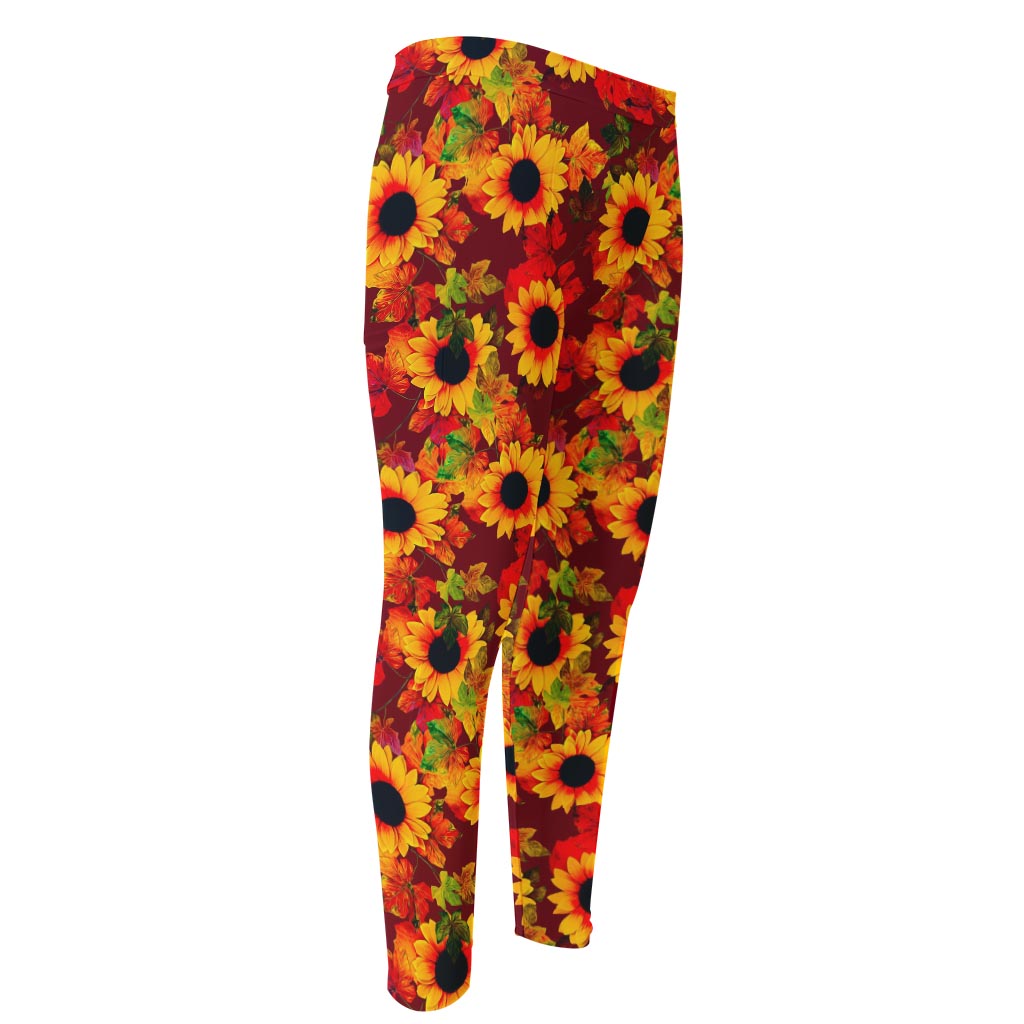 Red Autumn Sunflower Pattern Print Men's Compression Pants