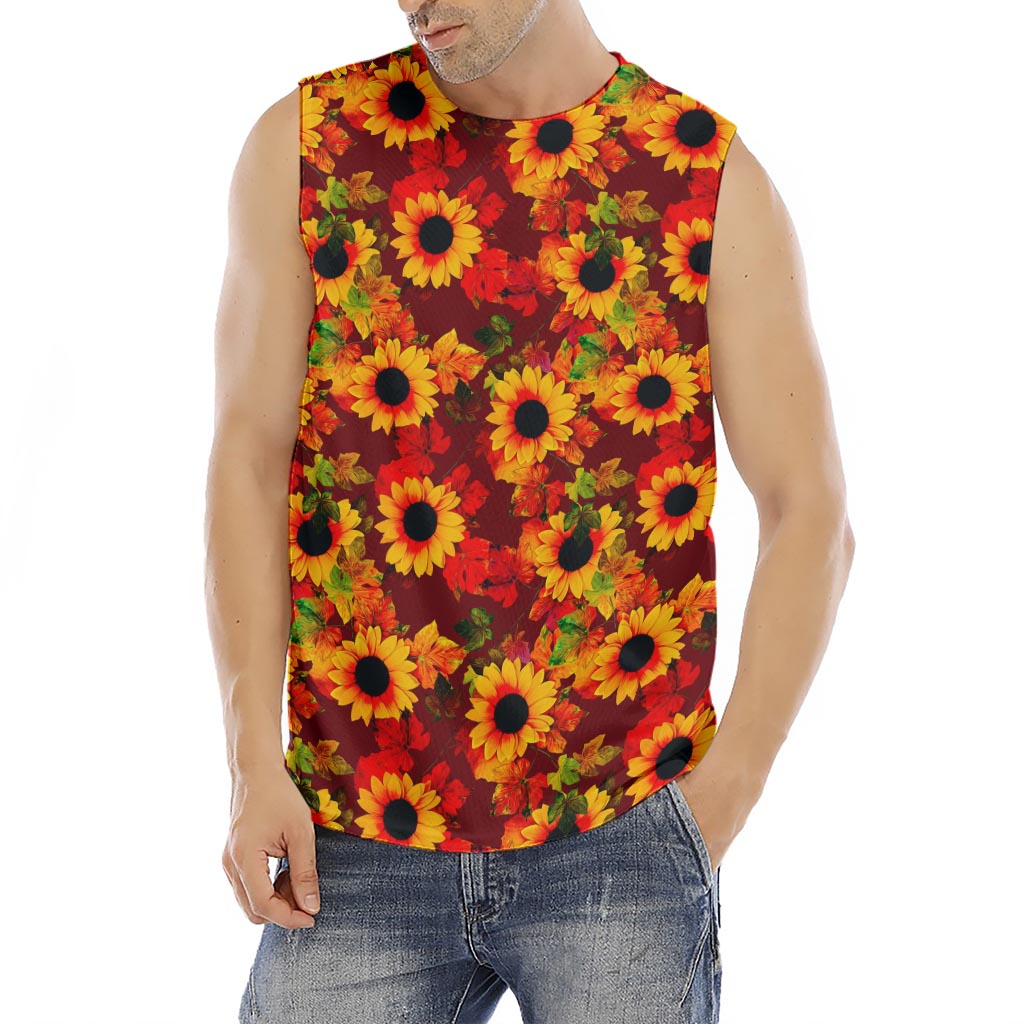 Red Autumn Sunflower Pattern Print Men's Fitness Tank Top