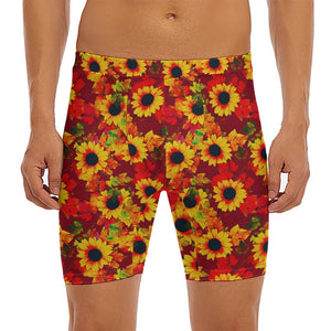 Red Autumn Sunflower Pattern Print Men's Long Boxer Briefs