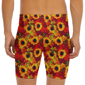 Red Autumn Sunflower Pattern Print Men's Long Boxer Briefs