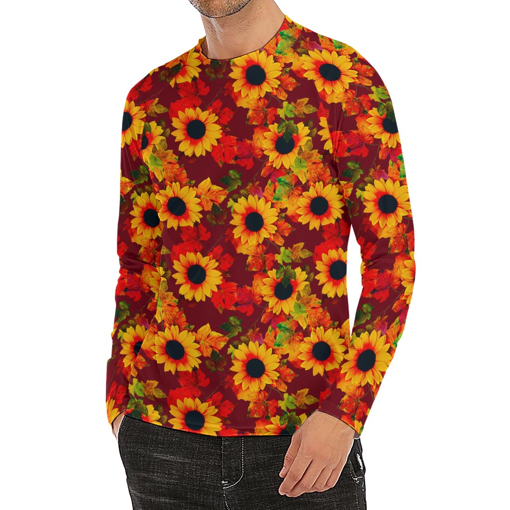 Red Autumn Sunflower Pattern Print Men's Long Sleeve Rash Guard