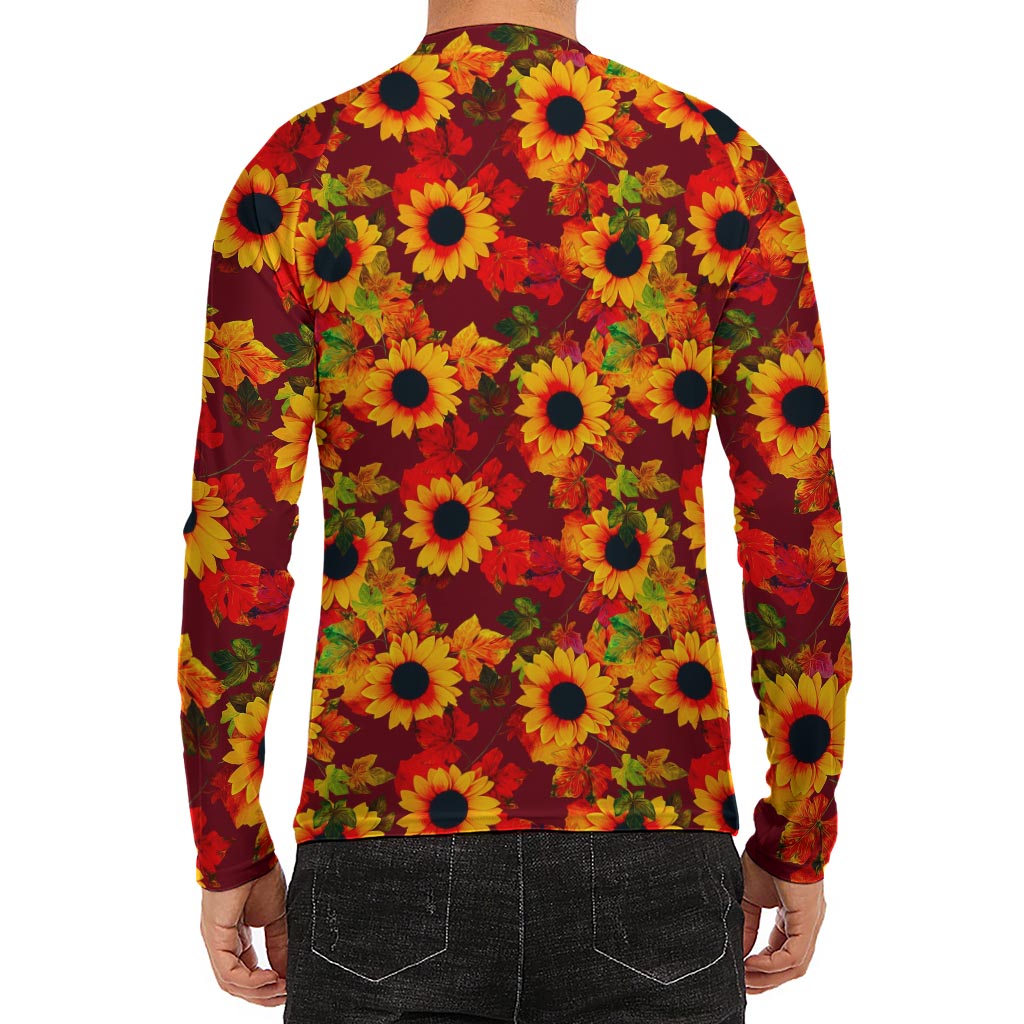 Red Autumn Sunflower Pattern Print Men's Long Sleeve Rash Guard