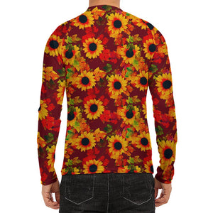 Red Autumn Sunflower Pattern Print Men's Long Sleeve Rash Guard