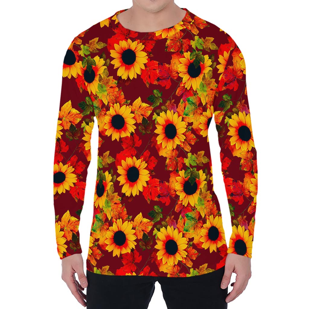 Red Autumn Sunflower Pattern Print Men's Long Sleeve T-Shirt