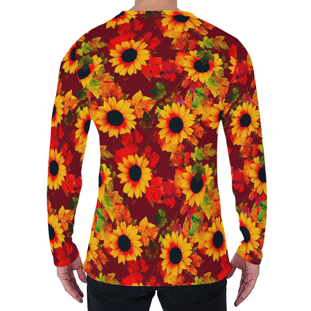 Red Autumn Sunflower Pattern Print Men's Long Sleeve T-Shirt