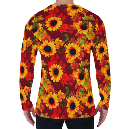Red Autumn Sunflower Pattern Print Men's Long Sleeve T-Shirt