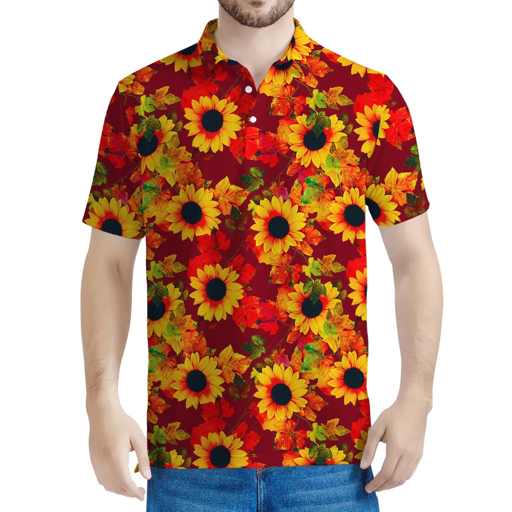 Red Autumn Sunflower Pattern Print Men's Polo Shirt
