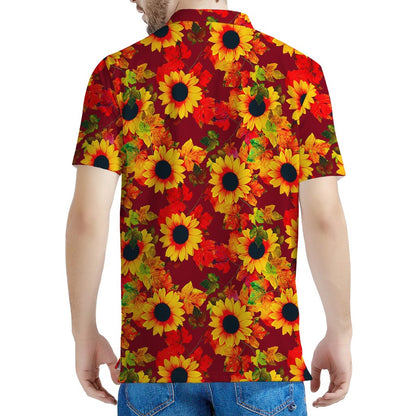Red Autumn Sunflower Pattern Print Men's Polo Shirt