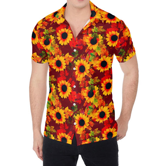 Red Autumn Sunflower Pattern Print Men's Shirt