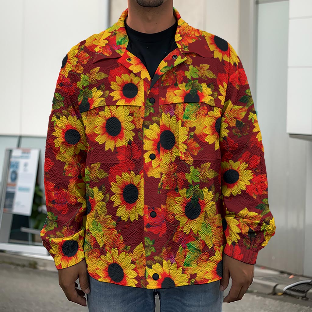 Red Autumn Sunflower Pattern Print Men's Shirt Jacket