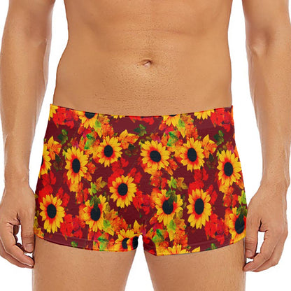 Red Autumn Sunflower Pattern Print Men's Short Boxer Briefs