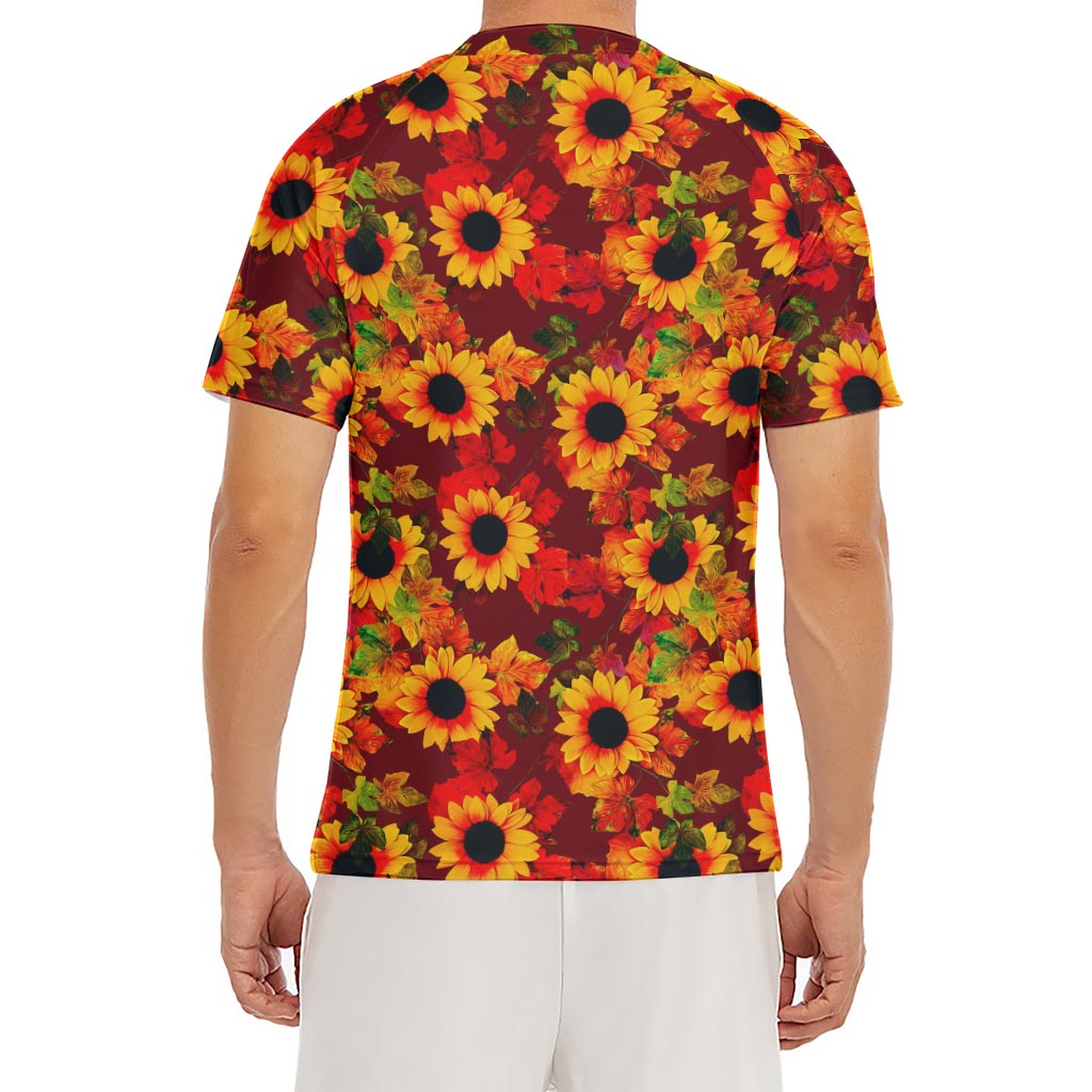 Red Autumn Sunflower Pattern Print Men's Short Sleeve Rash Guard