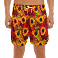 Red Autumn Sunflower Pattern Print Men's Split Running Shorts