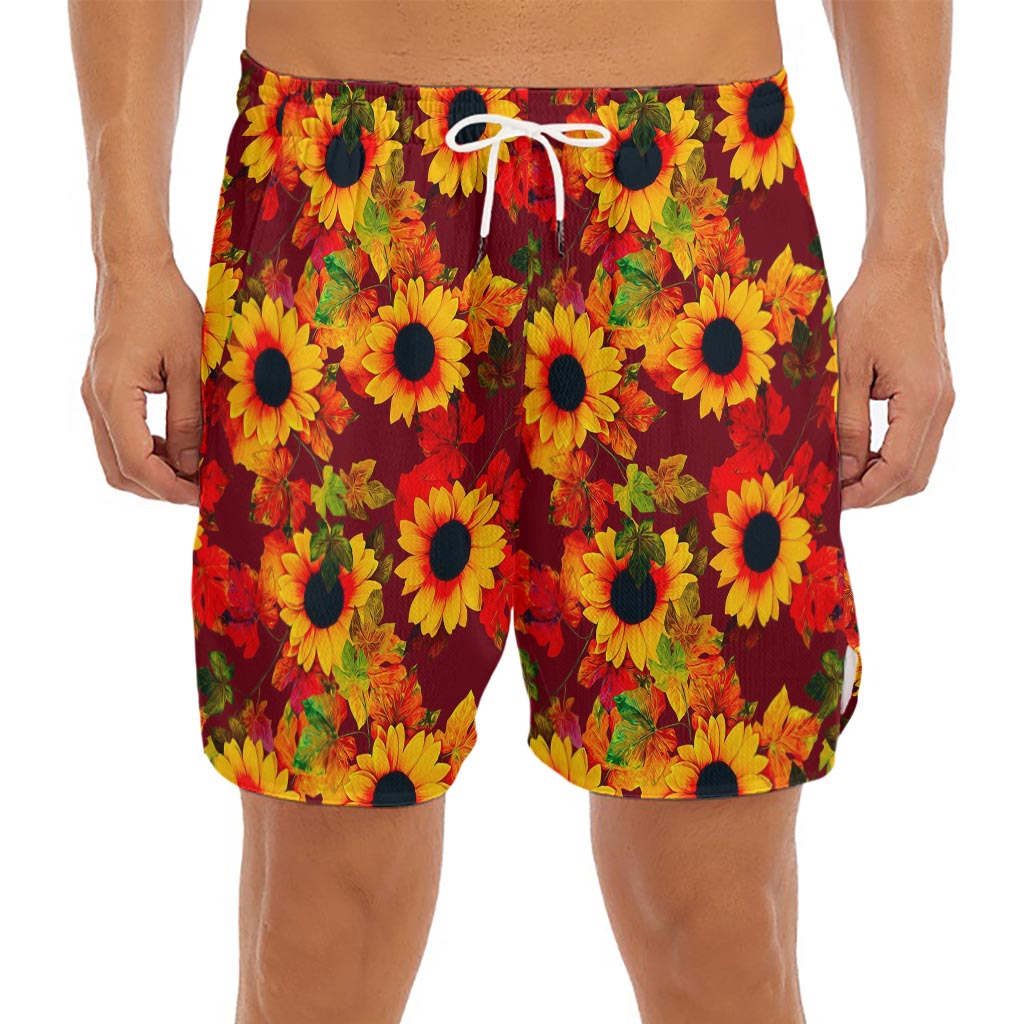 Red Autumn Sunflower Pattern Print Men's Split Running Shorts