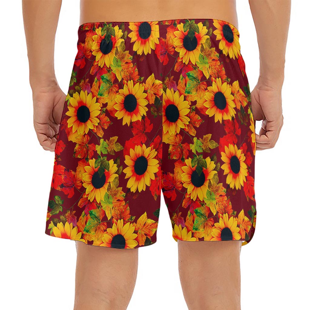 Red Autumn Sunflower Pattern Print Men's Split Running Shorts