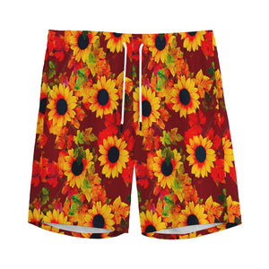 Red Autumn Sunflower Pattern Print Men's Sports Shorts