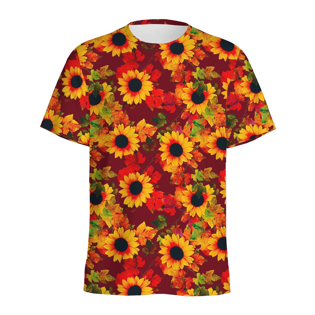 Red Autumn Sunflower Pattern Print Men's Sports T-Shirt