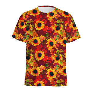 Red Autumn Sunflower Pattern Print Men's Sports T-Shirt