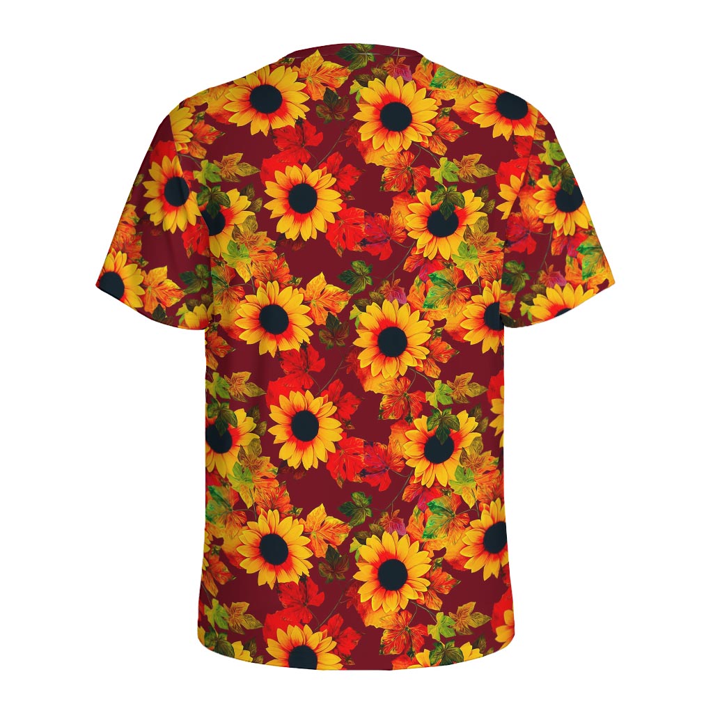 Red Autumn Sunflower Pattern Print Men's Sports T-Shirt