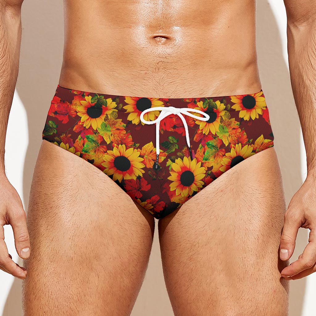 Red Autumn Sunflower Pattern Print Men's Swim Briefs