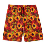 Red Autumn Sunflower Pattern Print Men's Swim Trunks