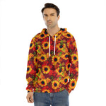 Red Autumn Sunflower Pattern Print Men's Velvet Pullover Hoodie