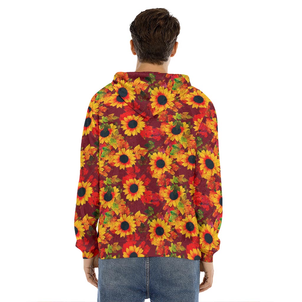 Red Autumn Sunflower Pattern Print Men's Velvet Pullover Hoodie