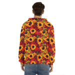 Red Autumn Sunflower Pattern Print Men's Velvet Pullover Hoodie