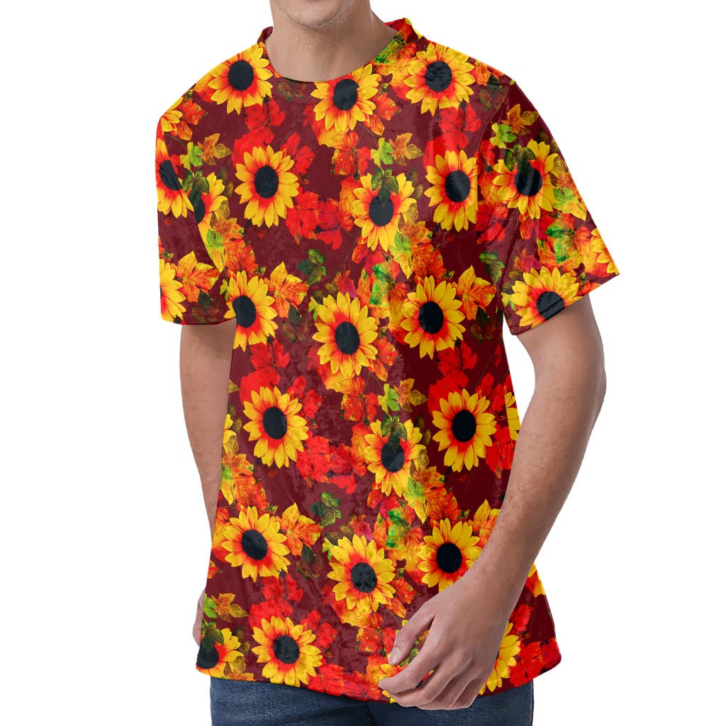 Red Autumn Sunflower Pattern Print Men's Velvet T-Shirt