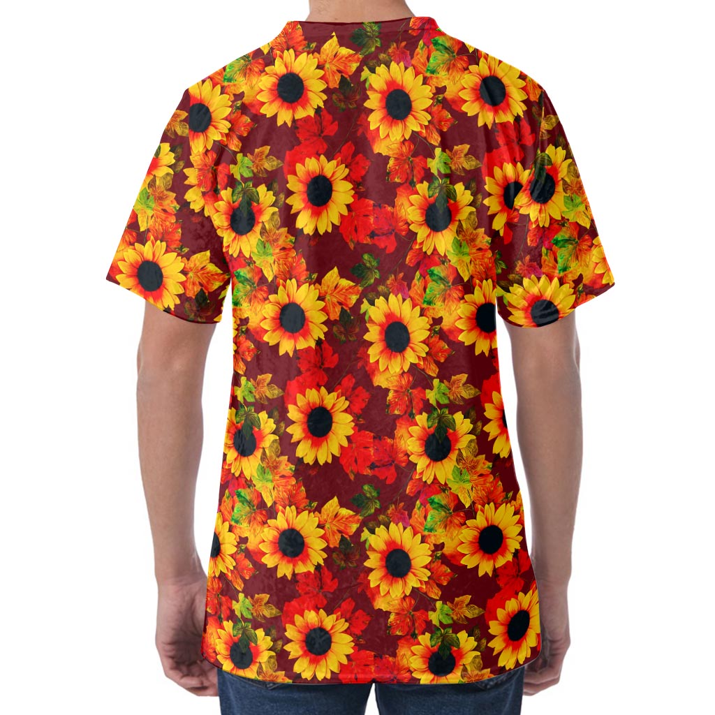 Red Autumn Sunflower Pattern Print Men's Velvet T-Shirt