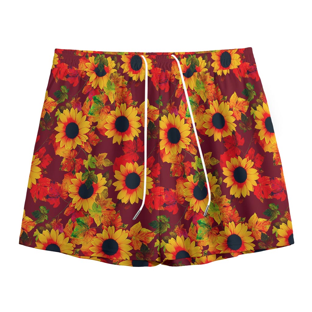 Red Autumn Sunflower Pattern Print Mesh Shorts