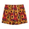 Red Autumn Sunflower Pattern Print Mesh Shorts