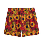 Red Autumn Sunflower Pattern Print Mesh Shorts