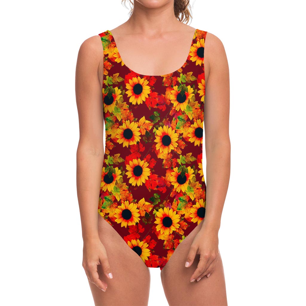 Red Autumn Sunflower Pattern Print One Piece Swimsuit