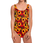 Red Autumn Sunflower Pattern Print One Piece Swimsuit