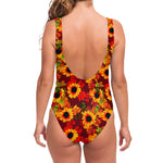 Red Autumn Sunflower Pattern Print One Piece Swimsuit