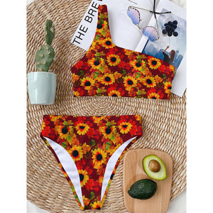 Red Autumn Sunflower Pattern Print One Shoulder Bikini Top