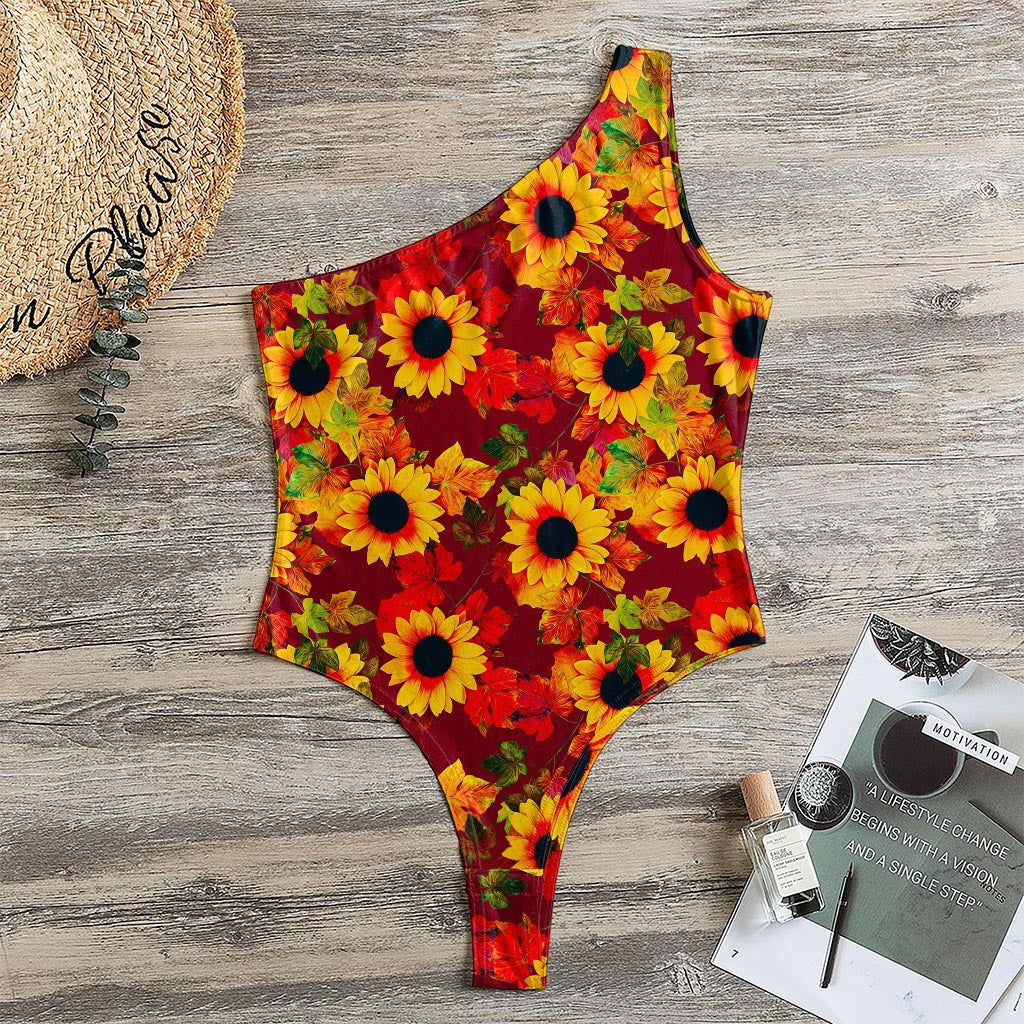 Red Autumn Sunflower Pattern Print One Shoulder Bodysuit