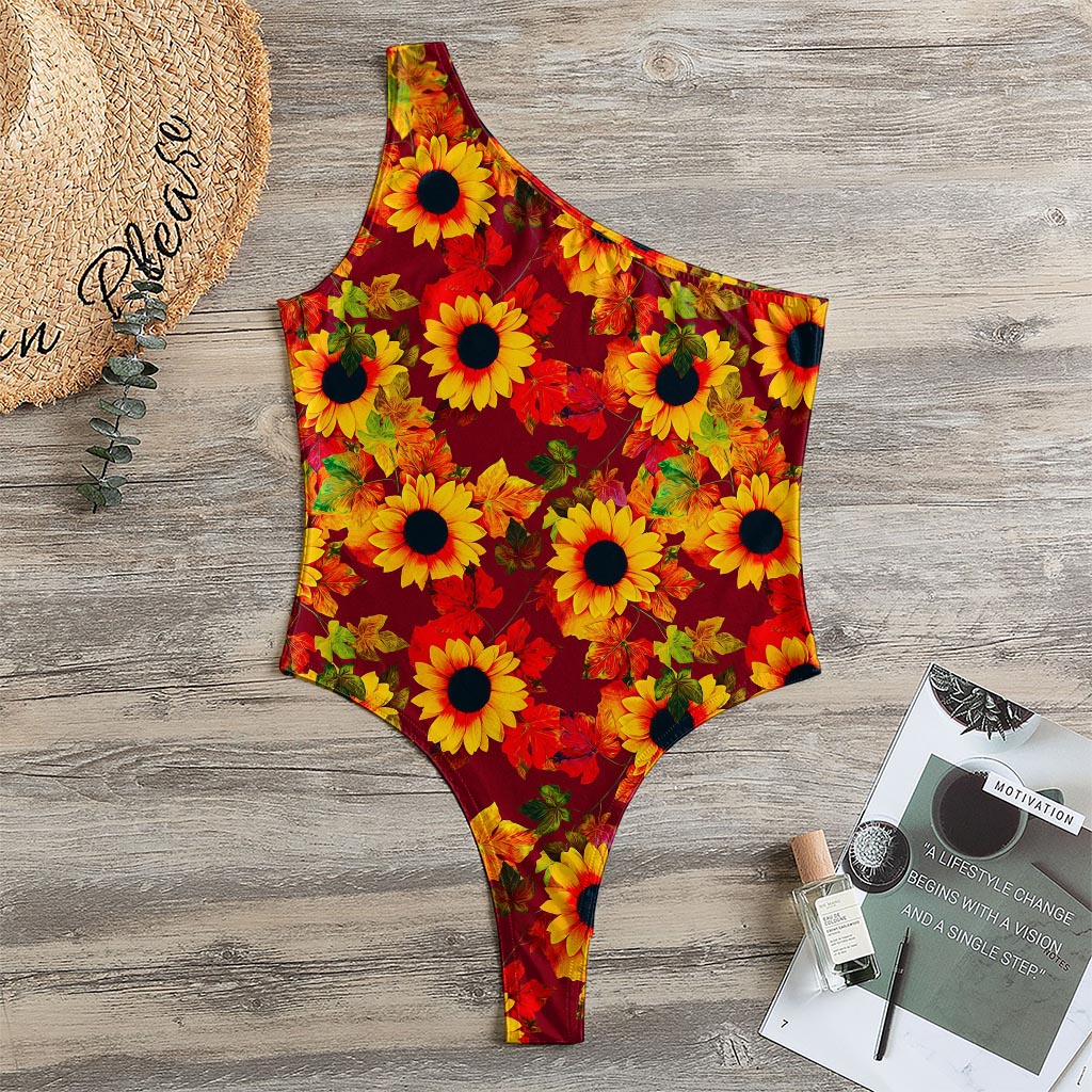 Red Autumn Sunflower Pattern Print One Shoulder Bodysuit