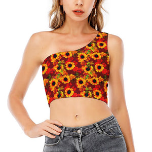 Red Autumn Sunflower Pattern Print One Shoulder Crop Top