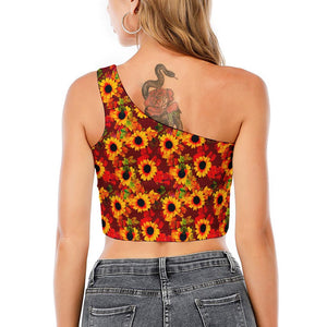 Red Autumn Sunflower Pattern Print One Shoulder Crop Top